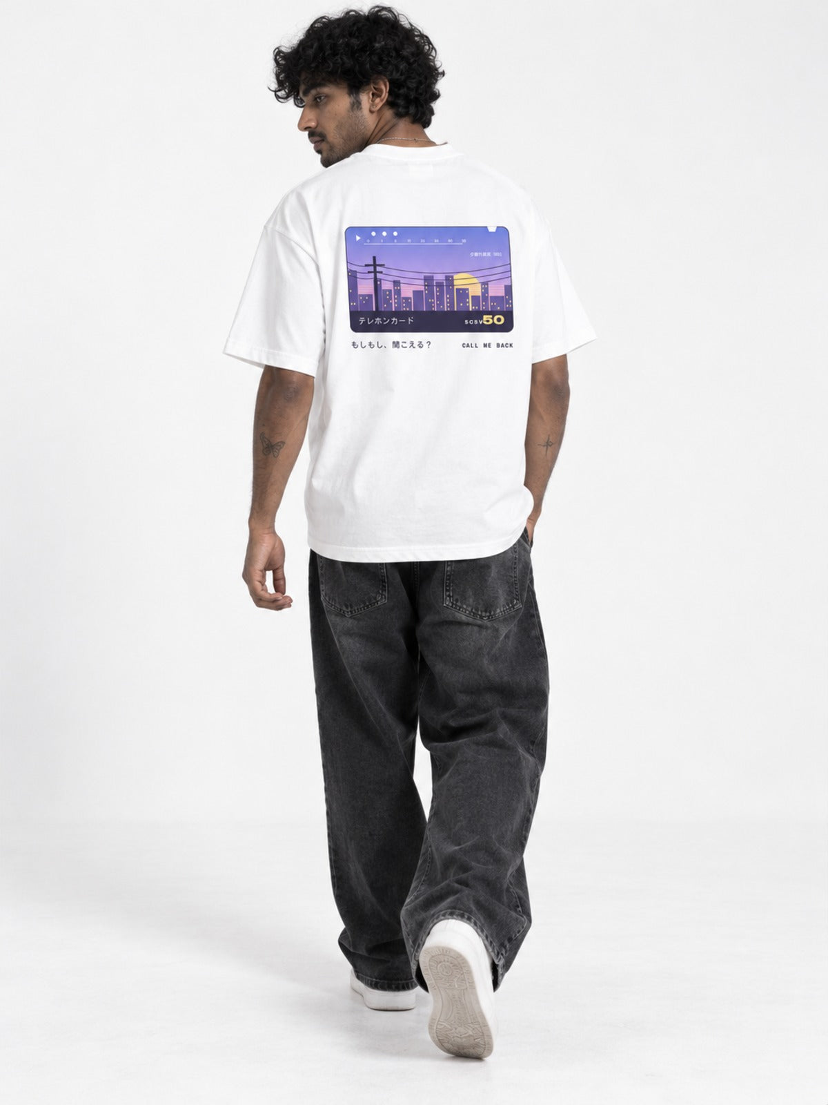 Terehon Kādo テレホンカード Japanese Phone Card T-Shirt in white by 5C5V, on model, full-length