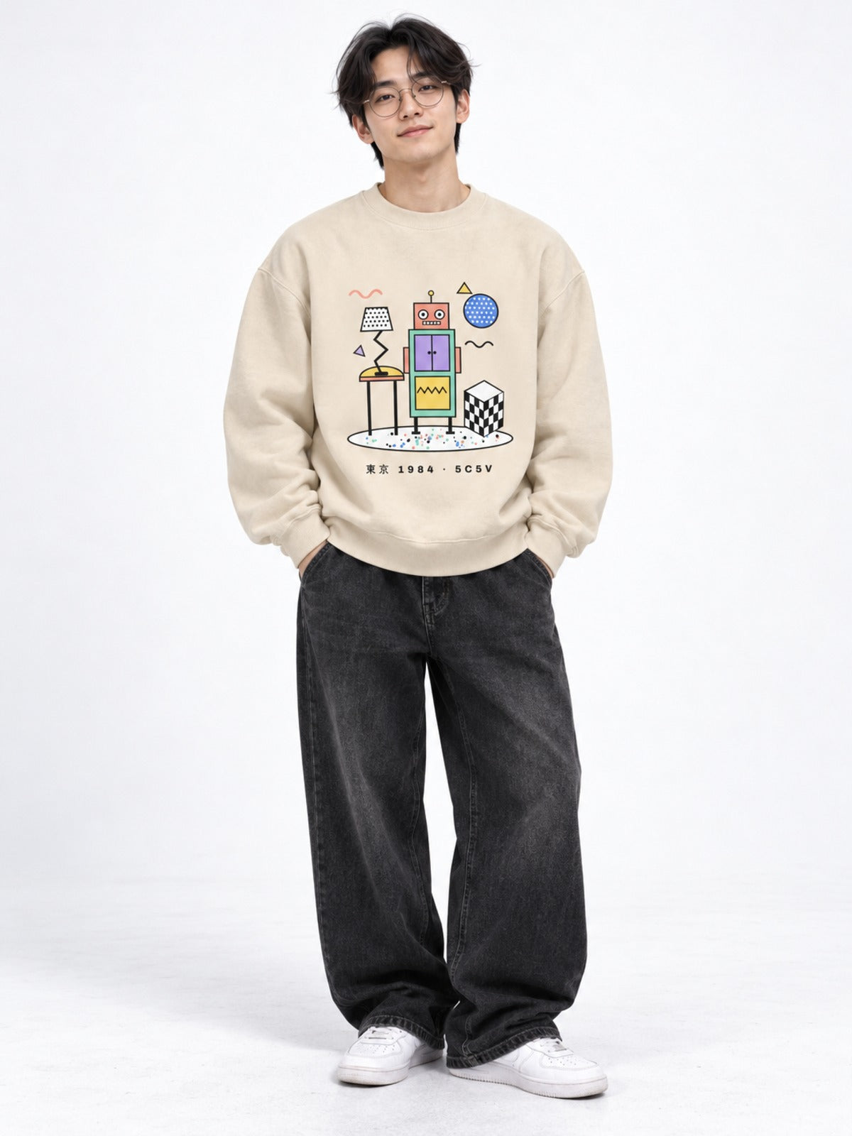 Tokyo 1984 東京 Japanese Postmodern Sweatshirt in dust by 5C5V, on model, front view