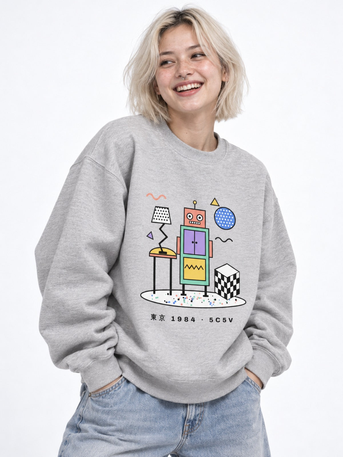 Tokyo 1984 東京 Japanese Postmodern Sweatshirt in athletic heather grey by 5C5V, on model, three-quarter view