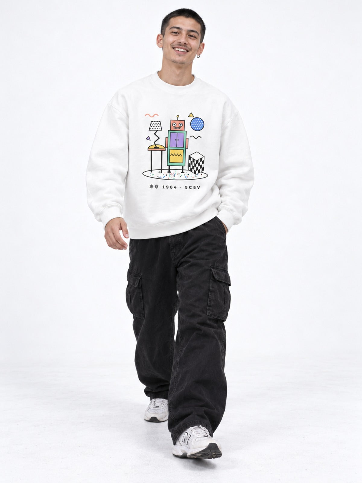 Tokyo 1984 東京 Japanese Postmodern Sweatshirt in white by 5C5V, on model, full-length