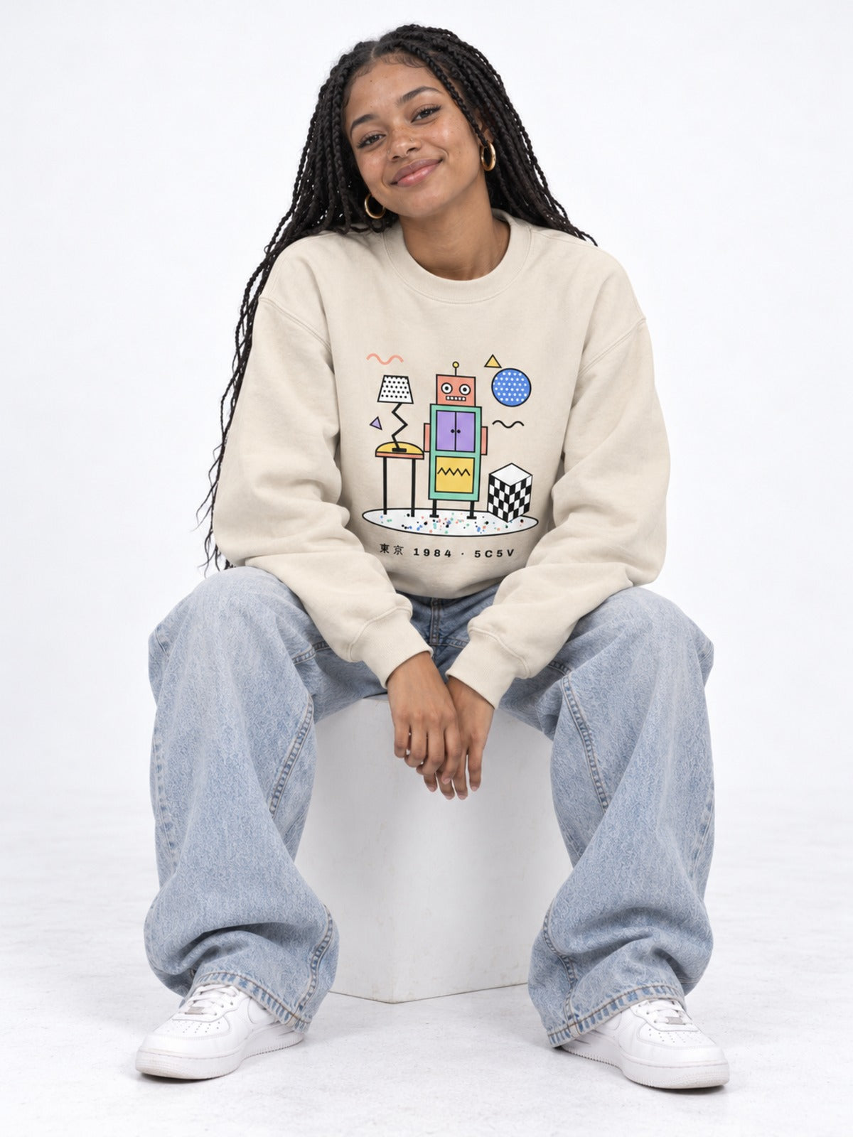 Tokyo 1984 東京 Japanese Postmodern Sweatshirt in dust by 5C5V, on model, seated
