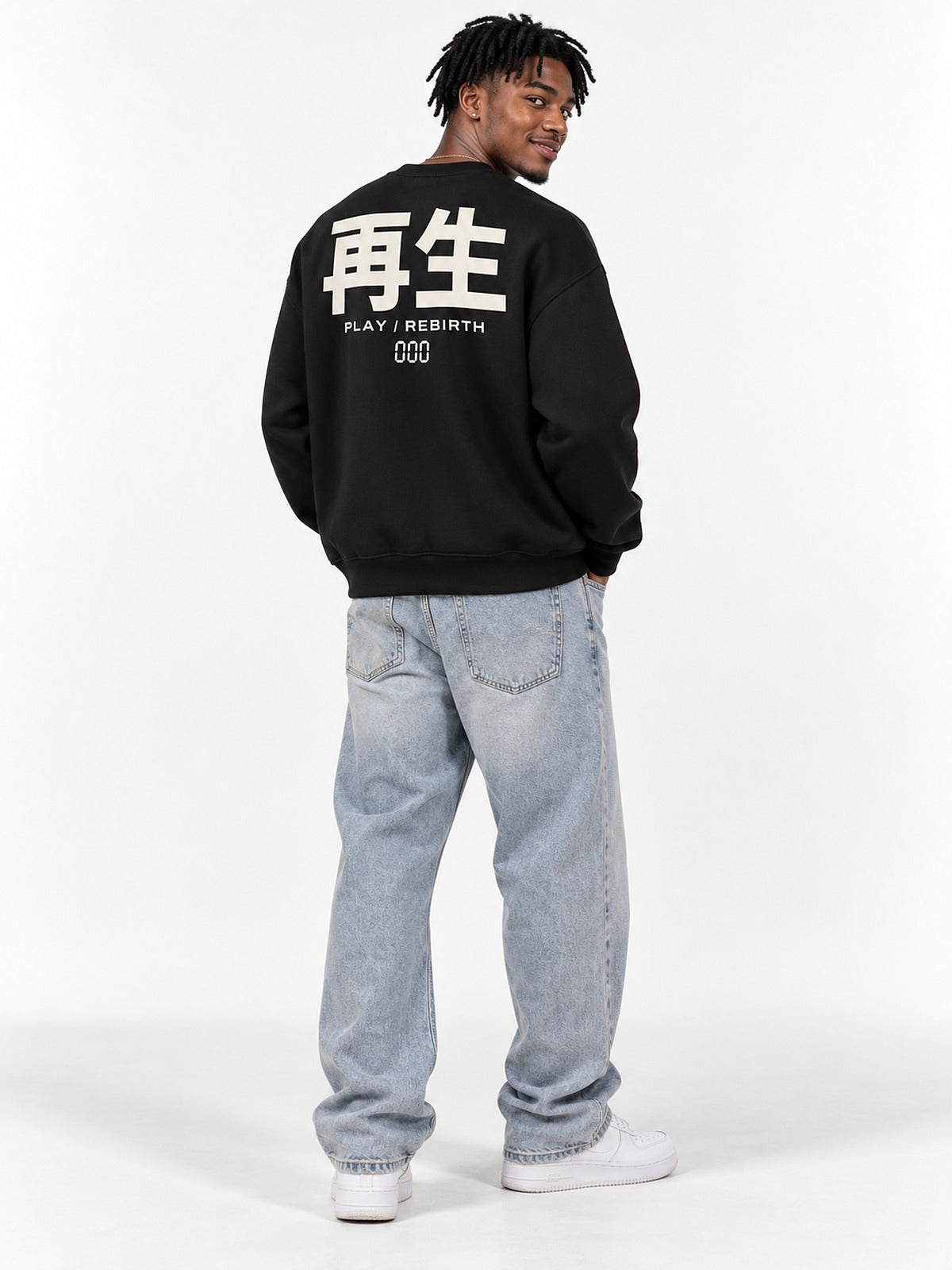 Saisei 再生 play rebirth sweatshirt black by 5C5V, back view on model