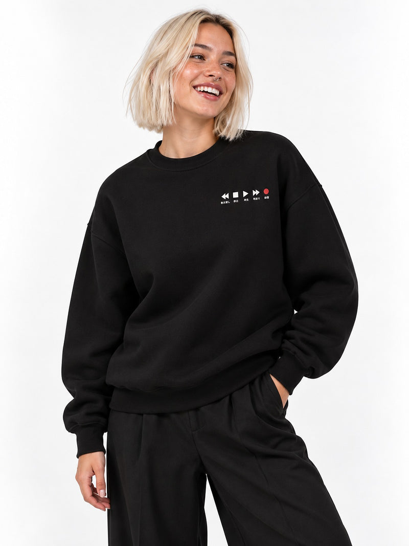 Saisei 再生 play rebirth sweatshirt black by 5C5V, front view with the chest mark