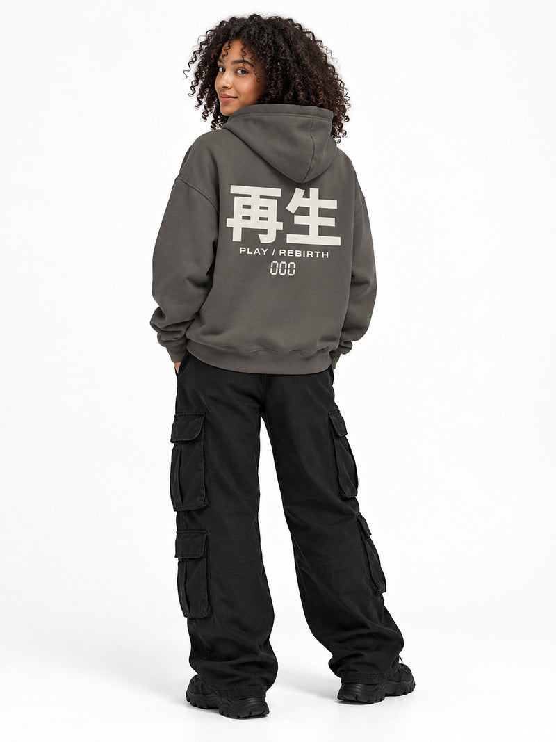 Saisei 再生 play rebirth hoodie asphalt by 5C5V, back view on model