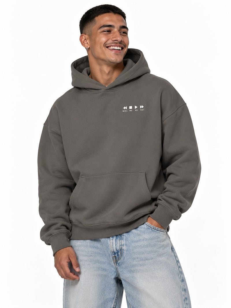 Saisei 再生 play rebirth hoodie asphalt by 5C5V, front view with the chest mark