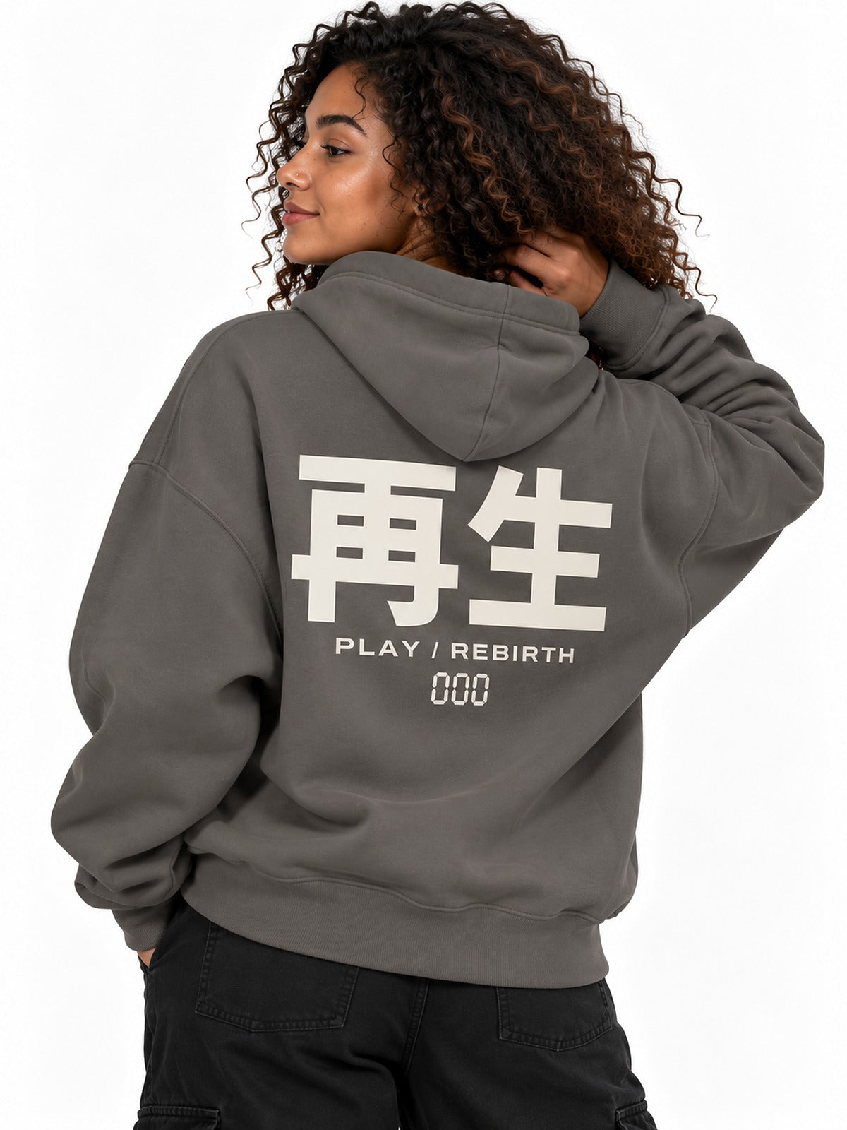 Saisei 再生 play rebirth hoodie by 5C5V, close-up of the back print