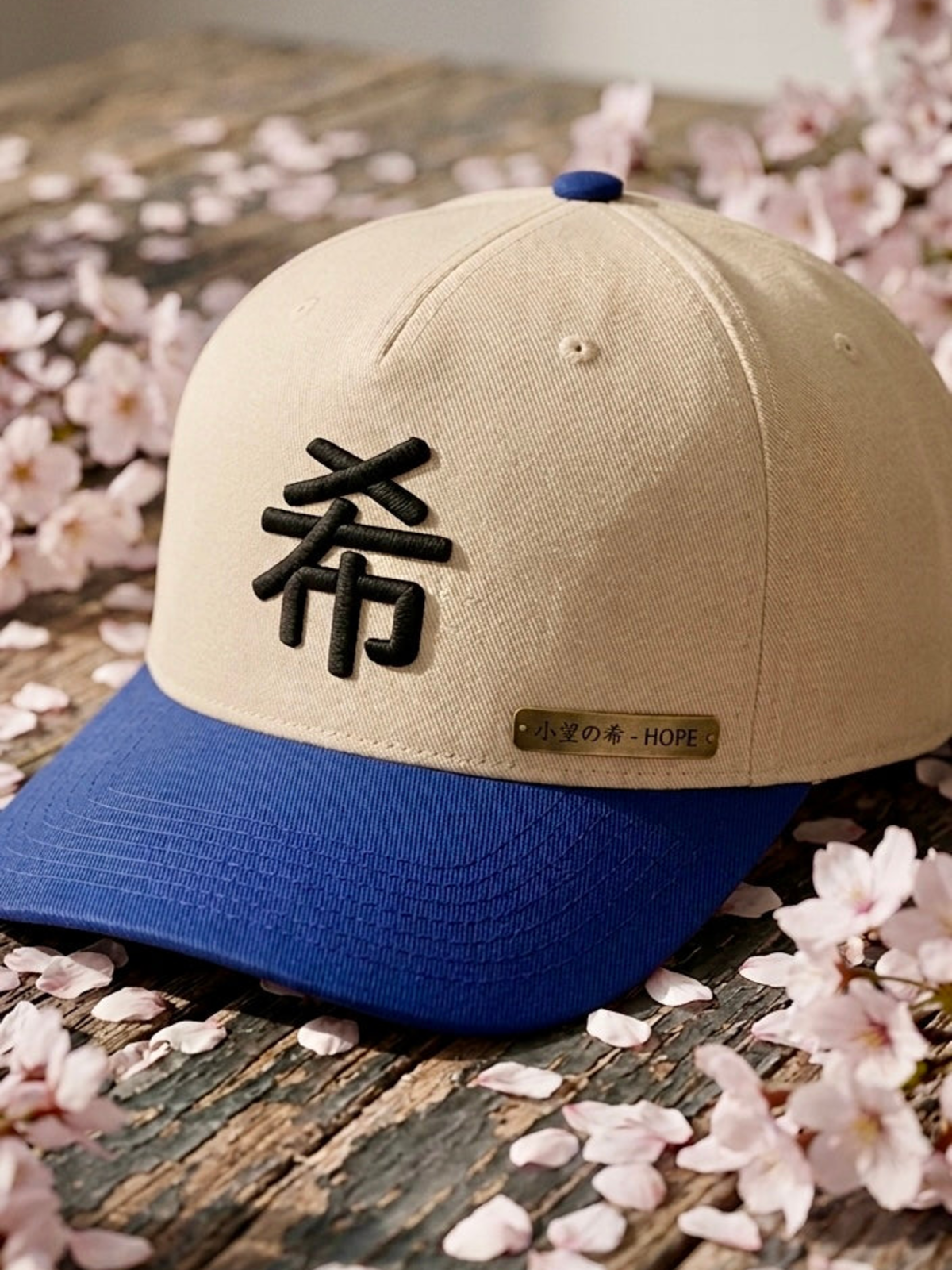 Sapporo Hope 希 baseball cap in royal and natural on a wooden table scattered with cherry blossom