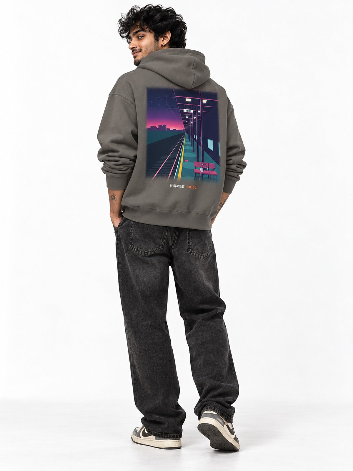Shūden B-men 終電のB面 hoodie asphalt by 5C5V, back view on model