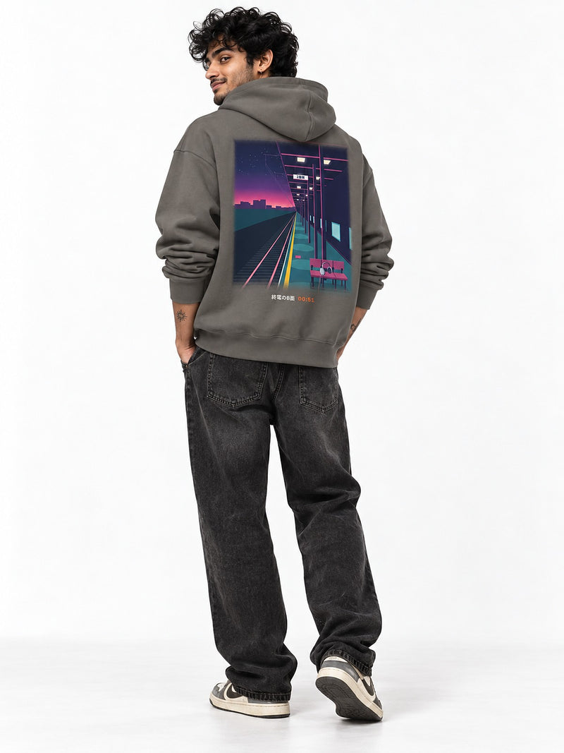 Shūden B-men 終電のB面 hoodie asphalt by 5C5V, back view on model