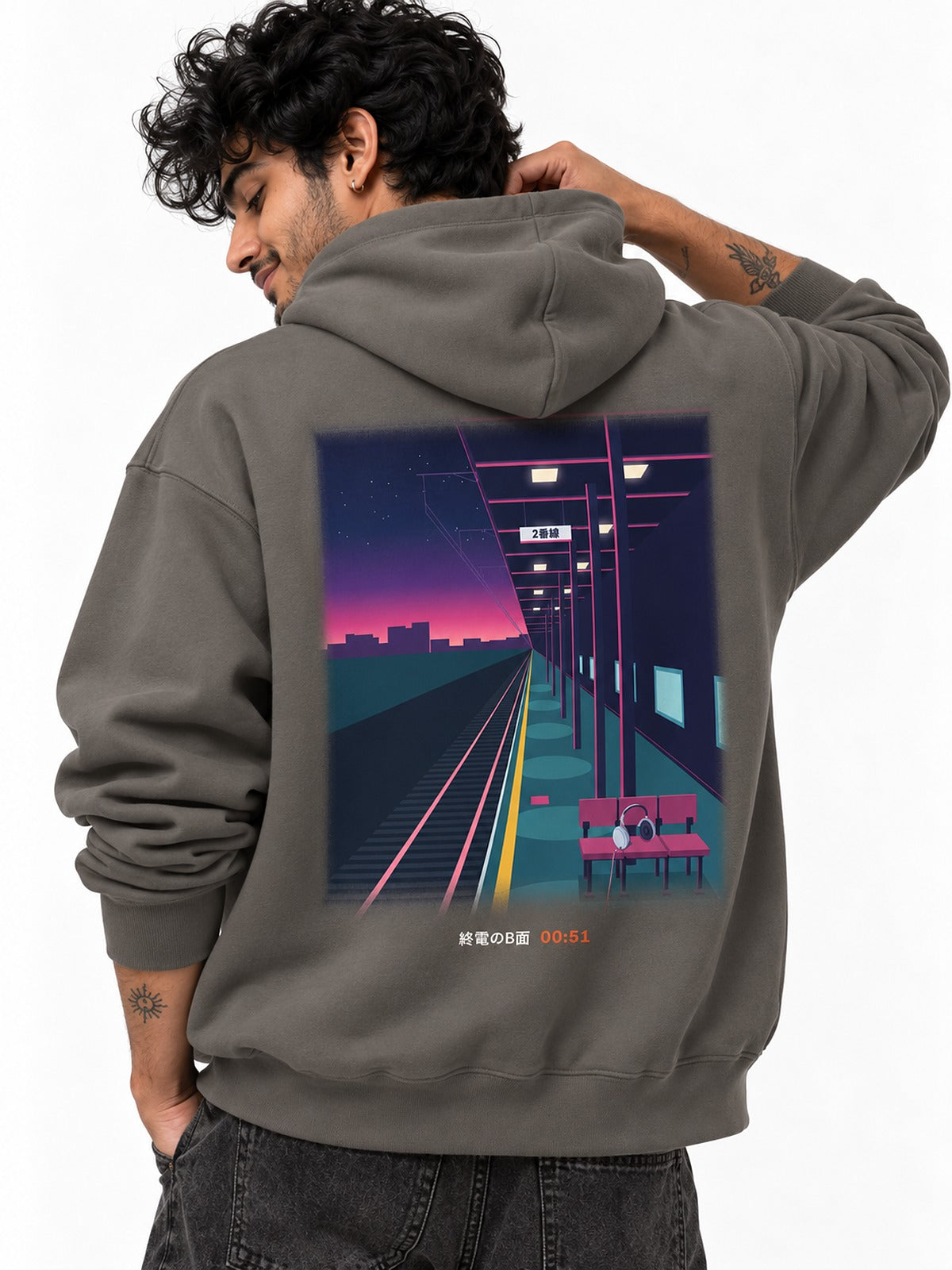 Shūden B-men 終電のB面 hoodie by 5C5V, close-up of the back print