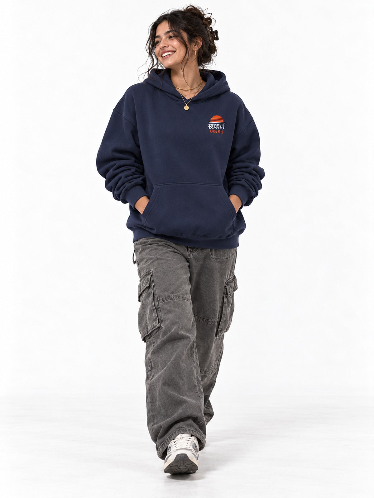Shūden B-men 終電のB面 hoodie navy by 5C5V, front view