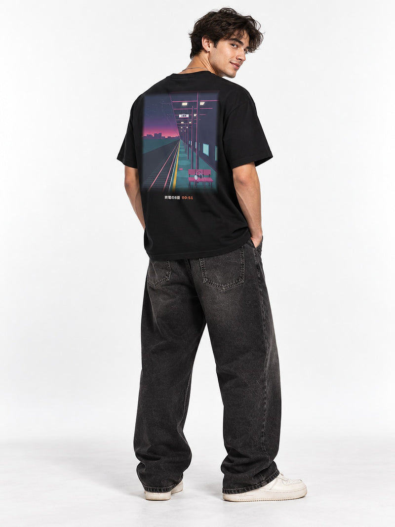 Shūden B-men 終電のB面 black T-shirt by 5C5V, back view with the night train platform print