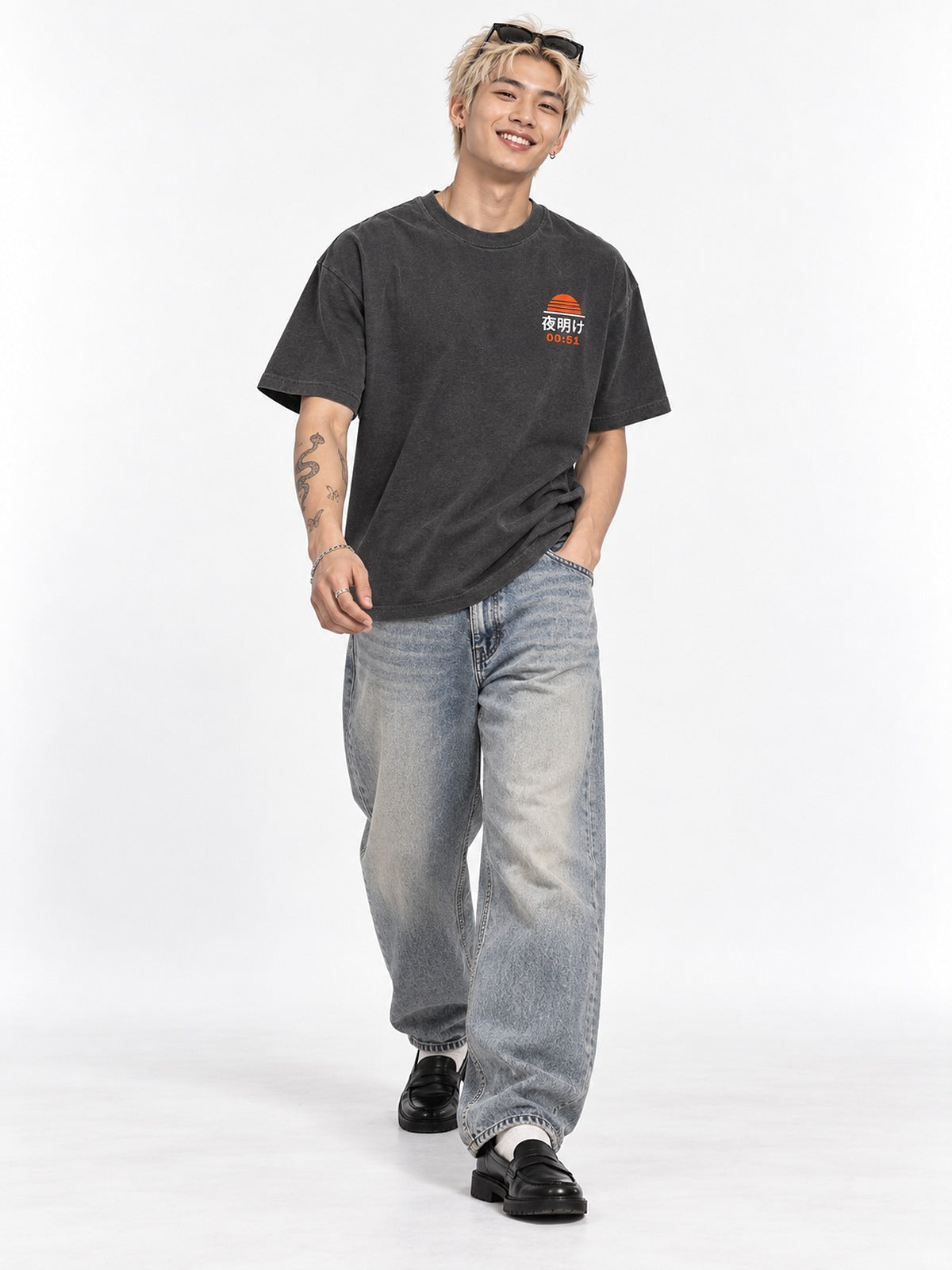 Shūden B-men 終電のB面 charcoal heather T-shirt by 5C5V, front view