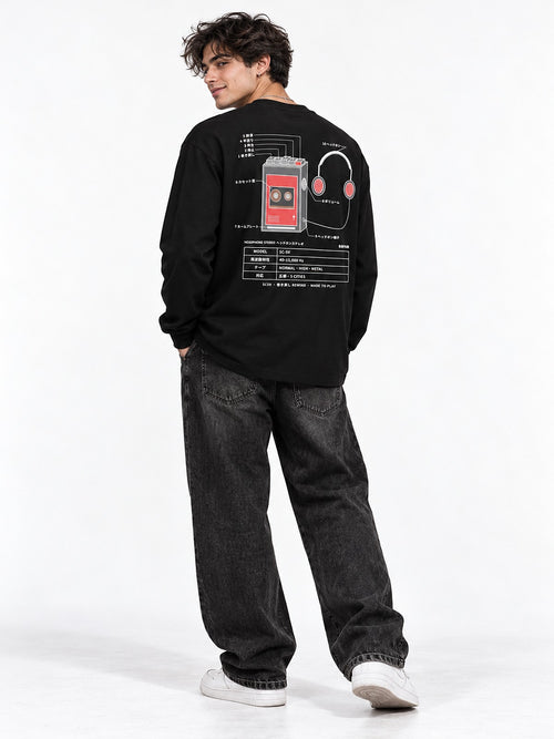 5C-5V Spec Sheet ヘッドホンステレオ long sleeve black by 5C5V, back view on model