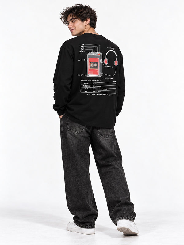 5C-5V Spec Sheet ヘッドホンステレオ long sleeve black by 5C5V, back view on model