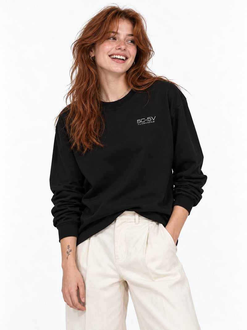 5C-5V Spec Sheet ヘッドホンステレオ long sleeve black by 5C5V, front view with the chest mark