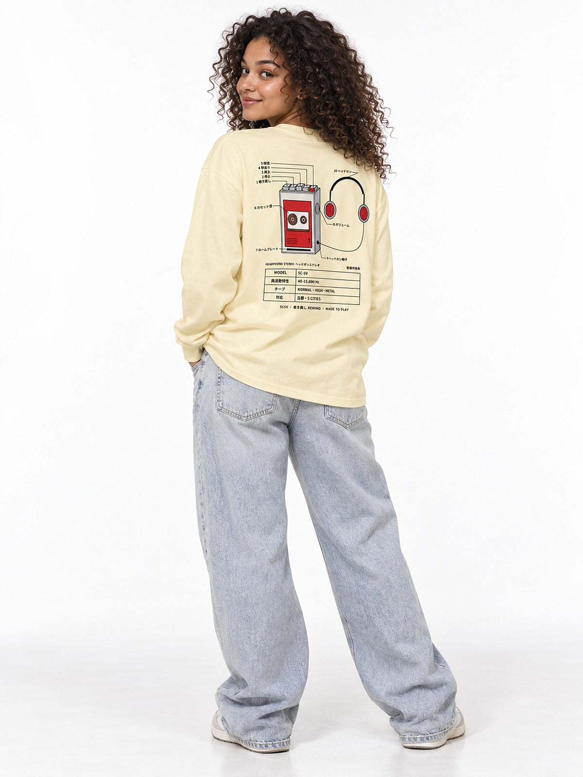 5C-5V Spec Sheet ヘッドホンステレオ long sleeve butter by 5C5V, back view on model