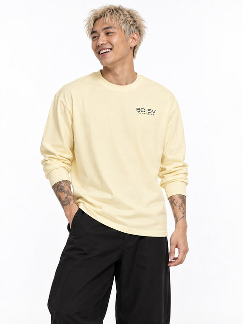 5C-5V Spec Sheet ヘッドホンステレオ long sleeve butter by 5C5V, front view with the chest mark