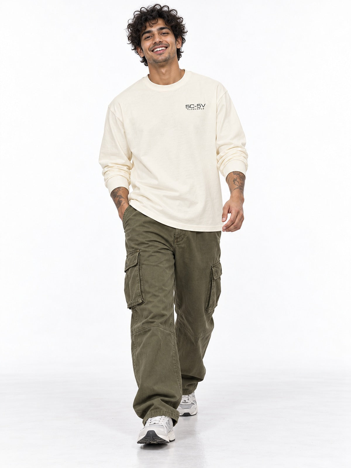 5C-5V Spec Sheet ヘッドホンステレオ long sleeve ecru by 5C5V, front view