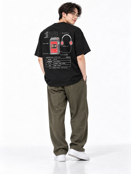 5C-5V Spec Sheet ヘッドホンステレオ tee black by 5C5V, back view on model