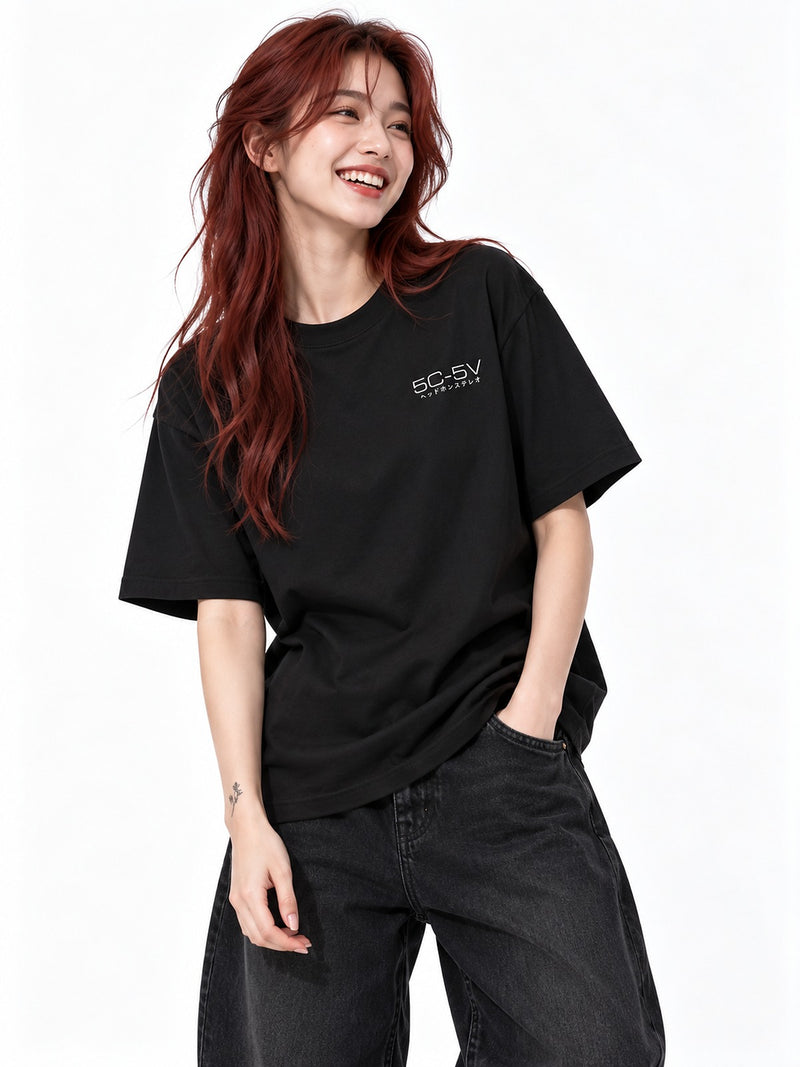 5C-5V Spec Sheet ヘッドホンステレオ tee black by 5C5V, front view with the chest mark