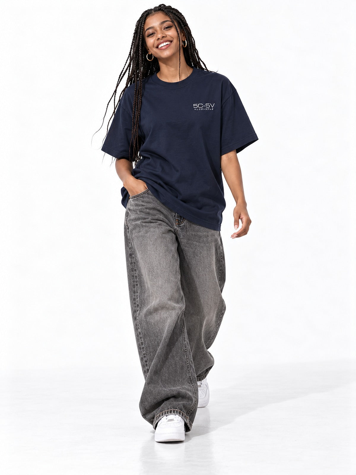 5C-5V Spec Sheet ヘッドホンステレオ tee navy by 5C5V, front view