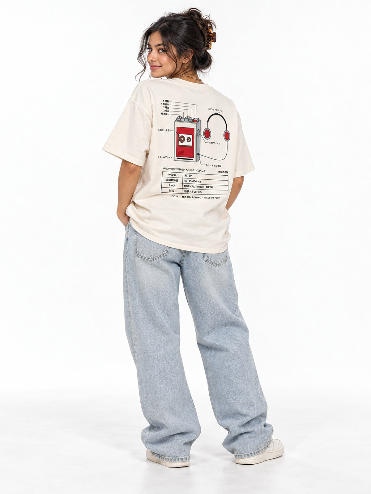 5C-5V Spec Sheet ヘッドホンステレオ tee vintage white by 5C5V, back view on model