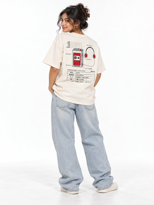 5C-5V Spec Sheet ヘッドホンステレオ tee vintage white by 5C5V, back view on model