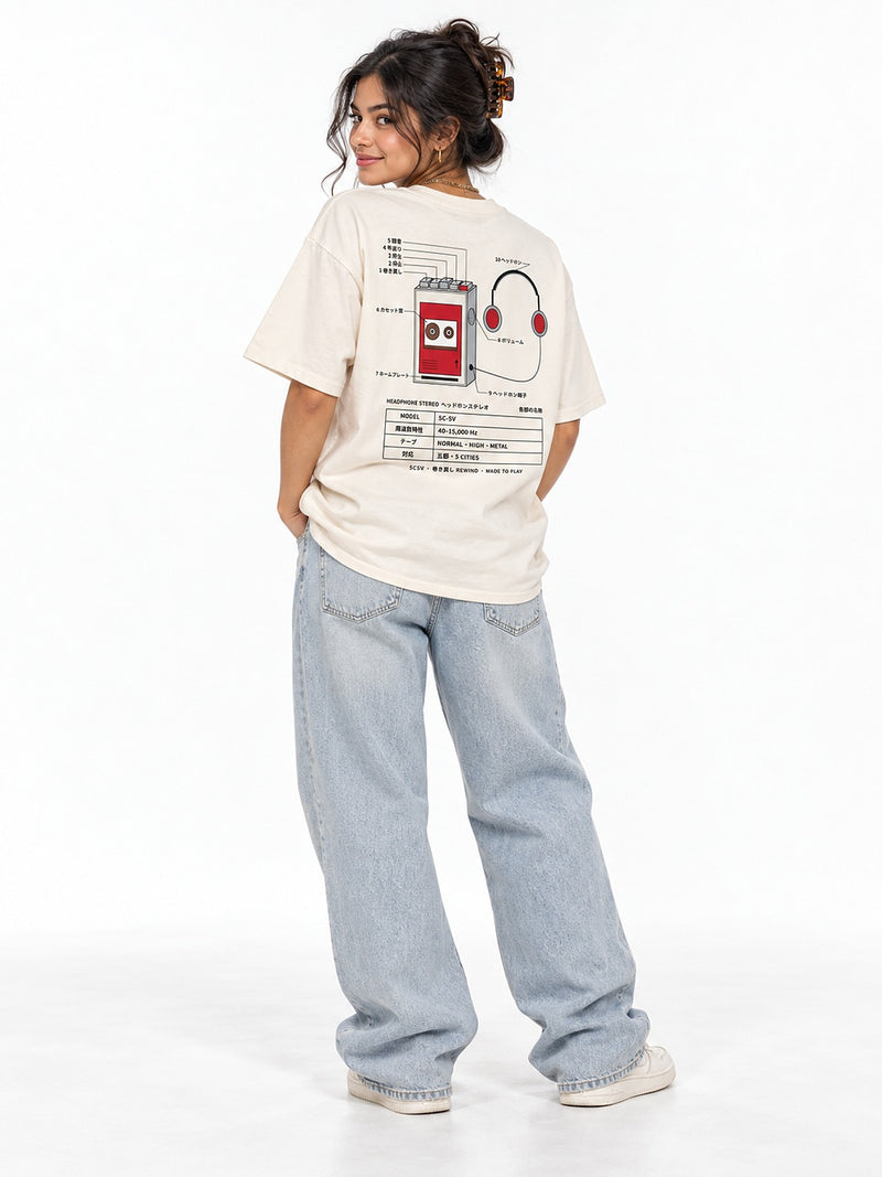 5C-5V Spec Sheet ヘッドホンステレオ tee vintage white by 5C5V, back view on model