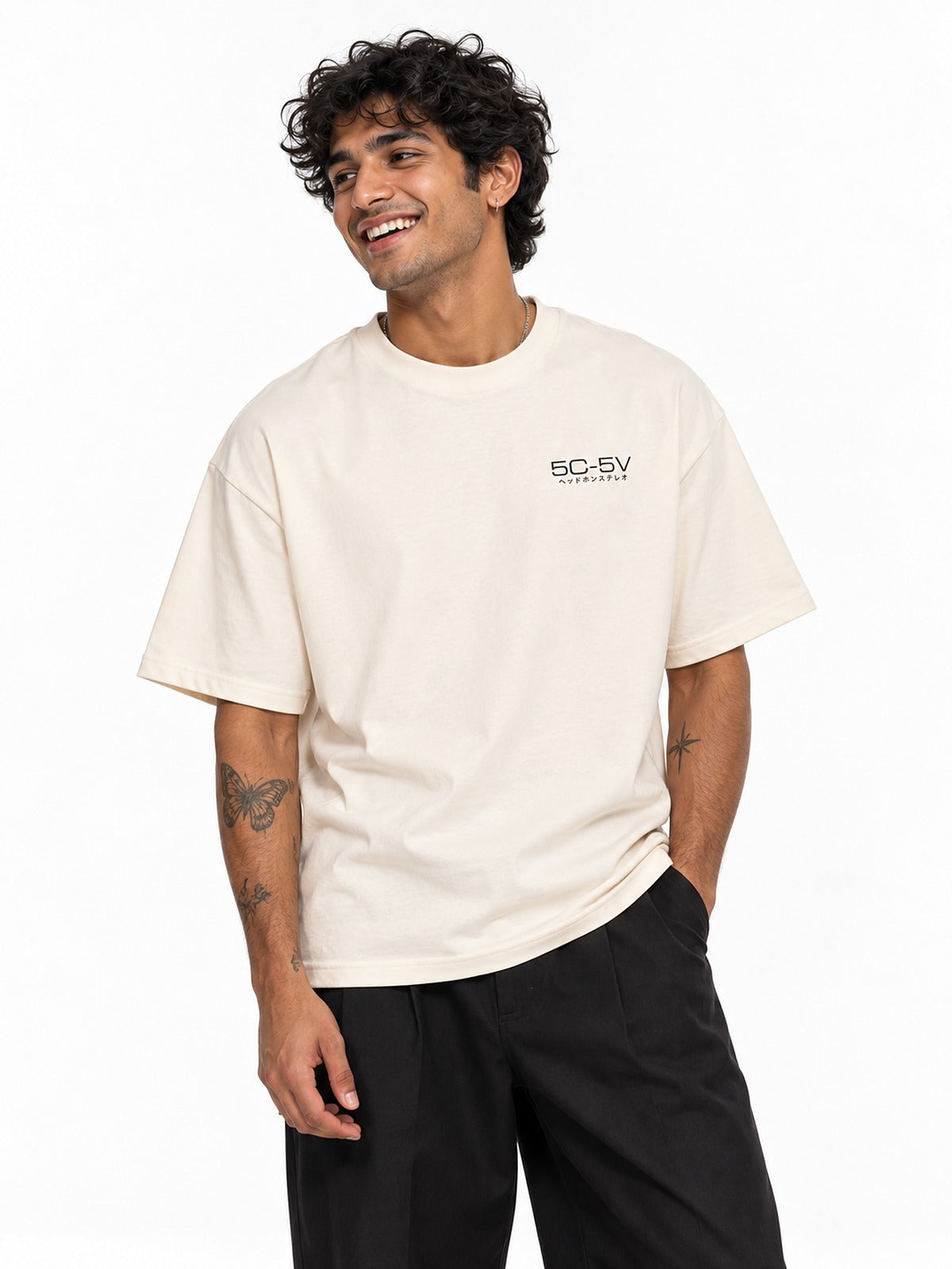 5C-5V Spec Sheet ヘッドホンステレオ tee vintage white by 5C5V, front view with the chest mark