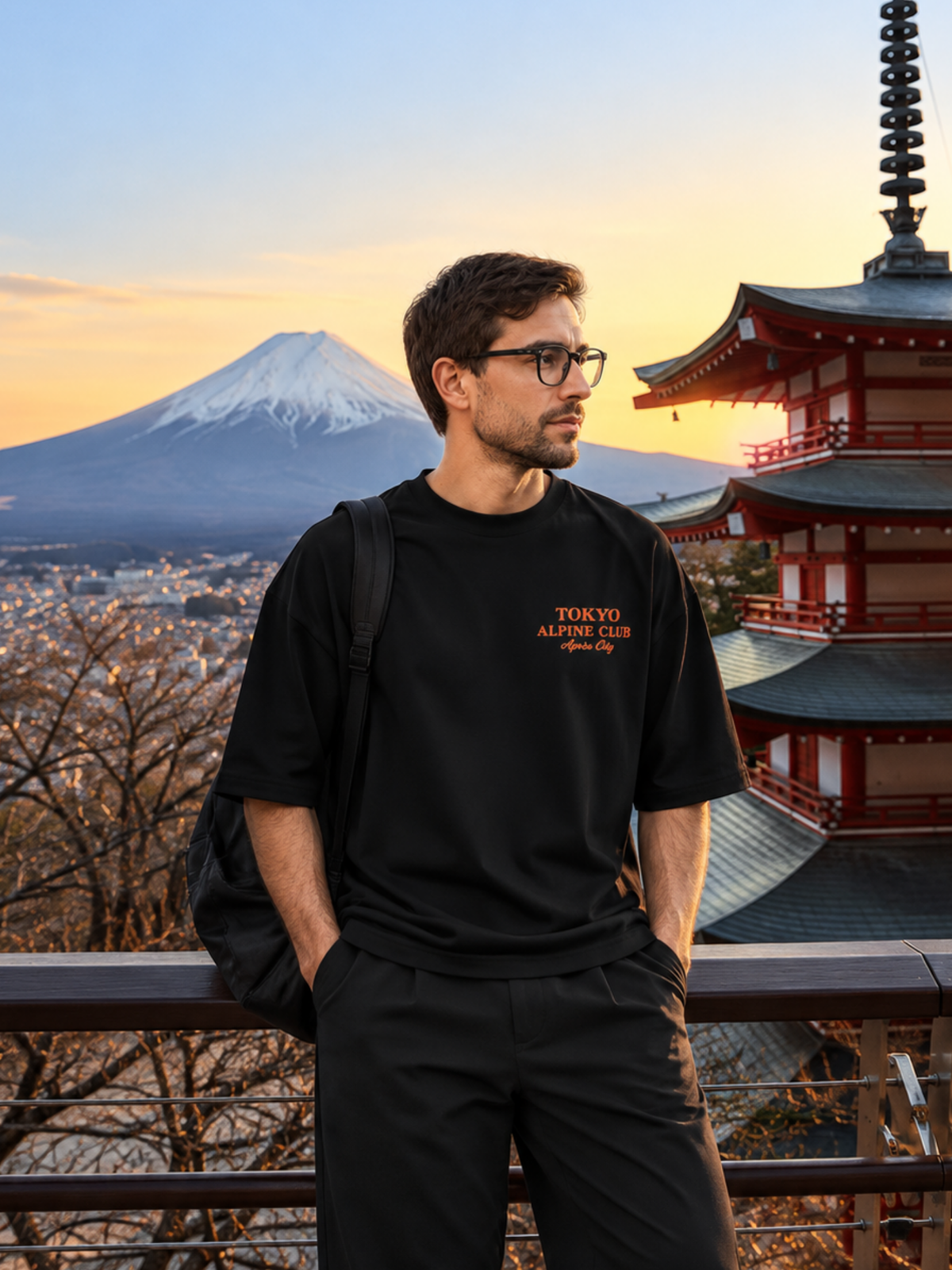 Model wearing the black Tokyo Alpine Club tee with Mount Fuji and a pagoda behind