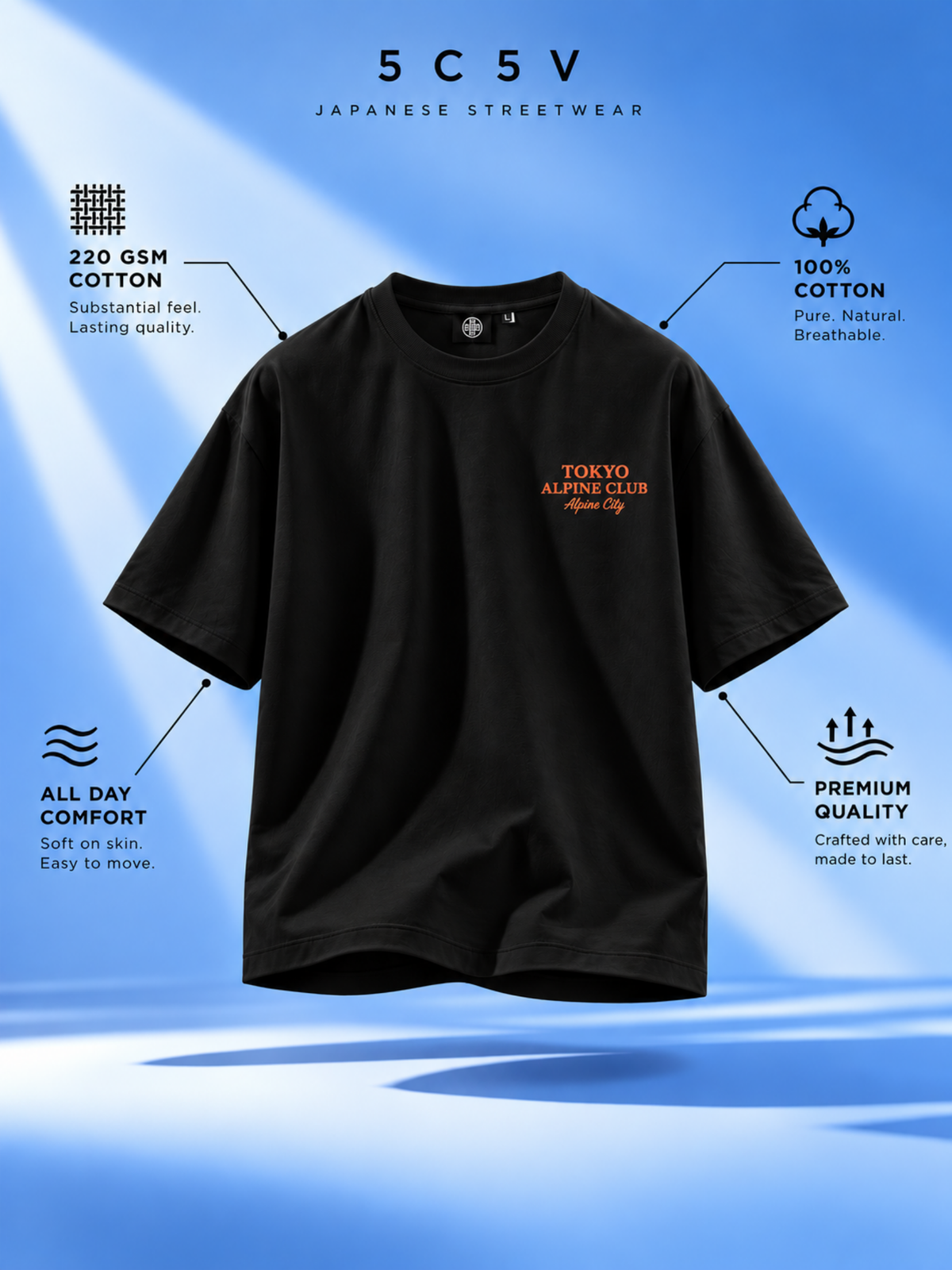 Black Tokyo Alpine Club tee: fabric weight, fit and care details