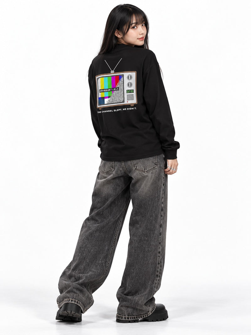 Sunaarashi 砂嵐 Retro TV long-sleeve T-shirt black by 5C5V, back view on model