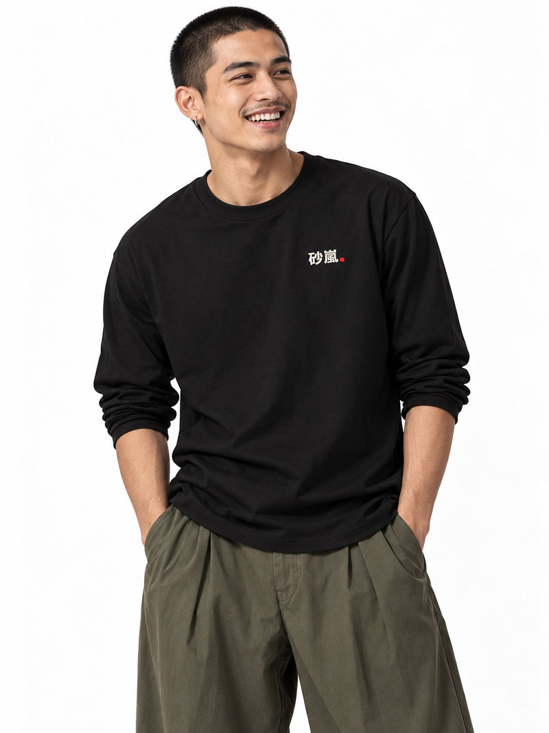 Sunaarashi 砂嵐 Retro TV long-sleeve T-shirt black by 5C5V, front view with the chest mark