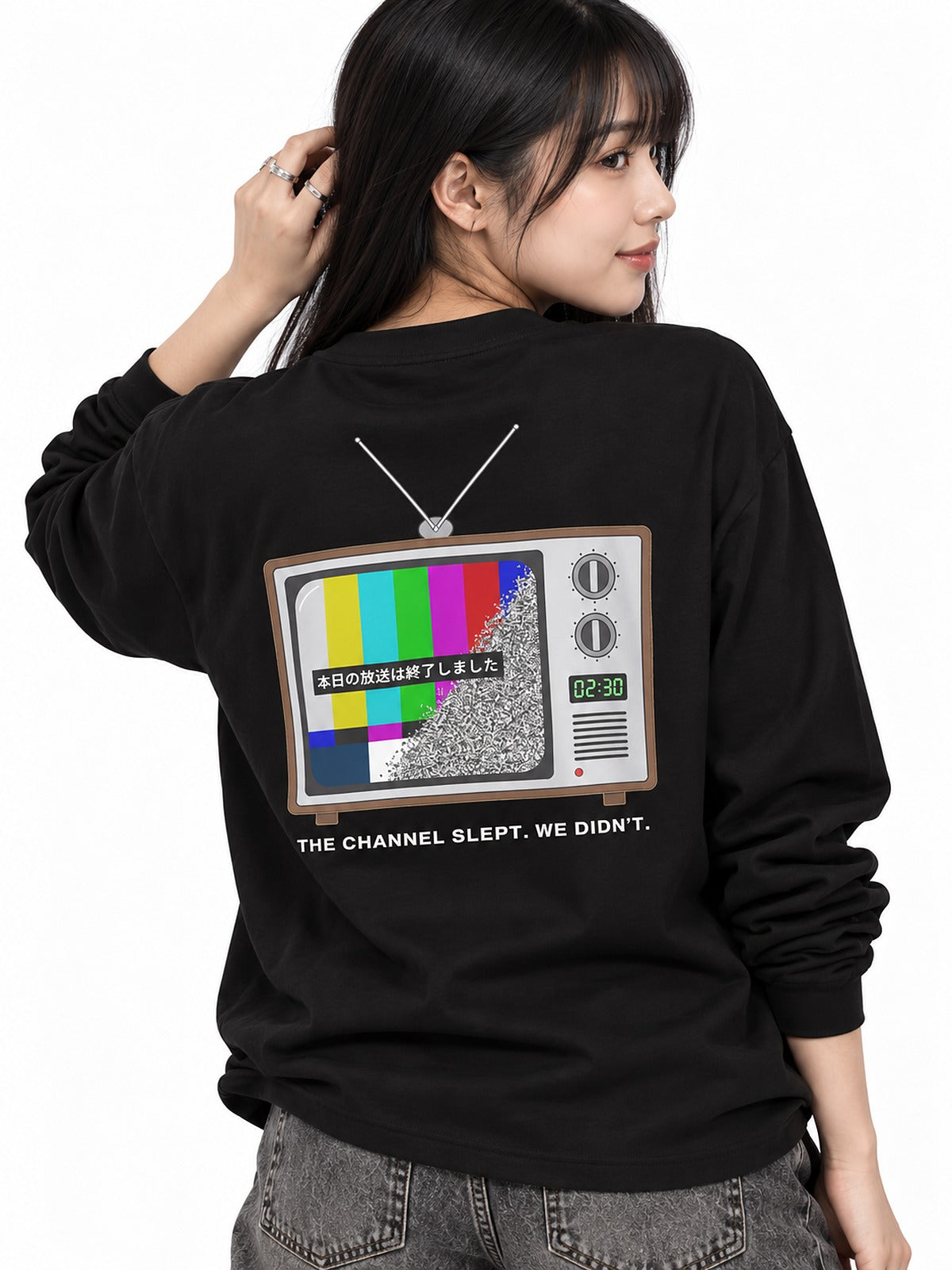 Sunaarashi 砂嵐 Retro TV long-sleeve T-shirt by 5C5V, close-up of the back print