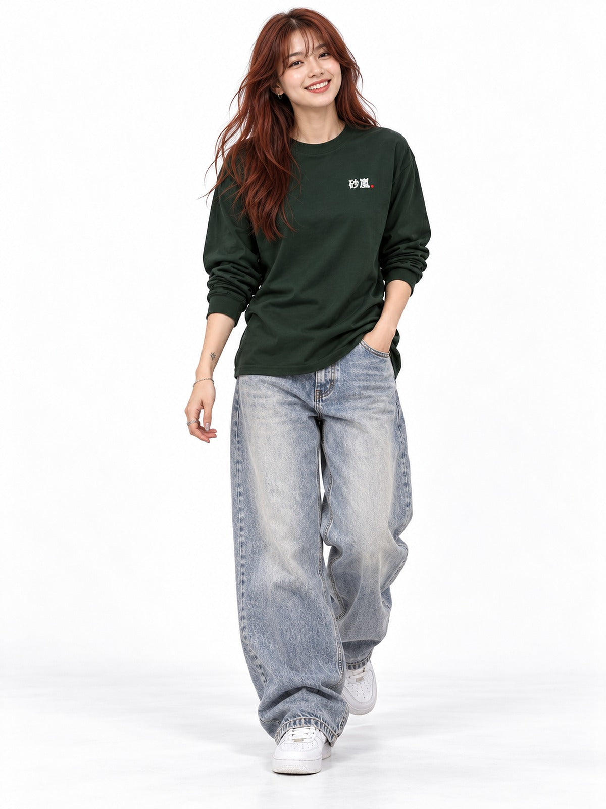Sunaarashi 砂嵐 Retro TV long-sleeve T-shirt cypress green by 5C5V, front view