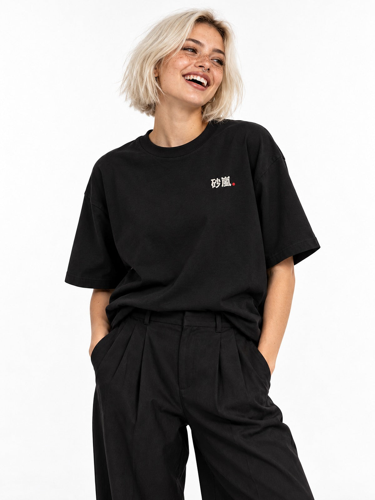 Sunaarashi 砂嵐 Retro TV black T-shirt by 5C5V, front view with the small 砂嵐 chest mark