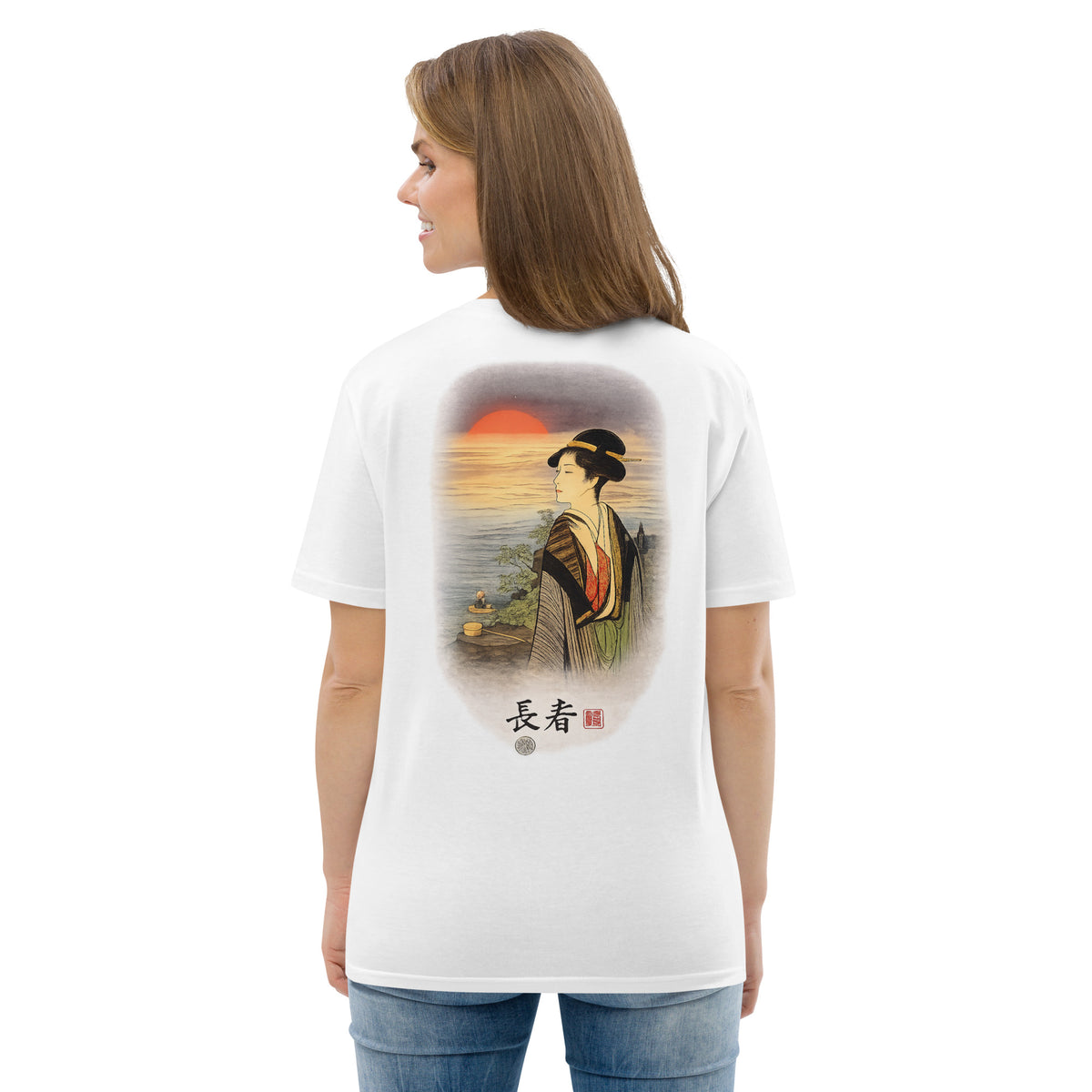 Edo Collection — Eternal Spring 長春 white tee, back view on model with the ukiyo-e print