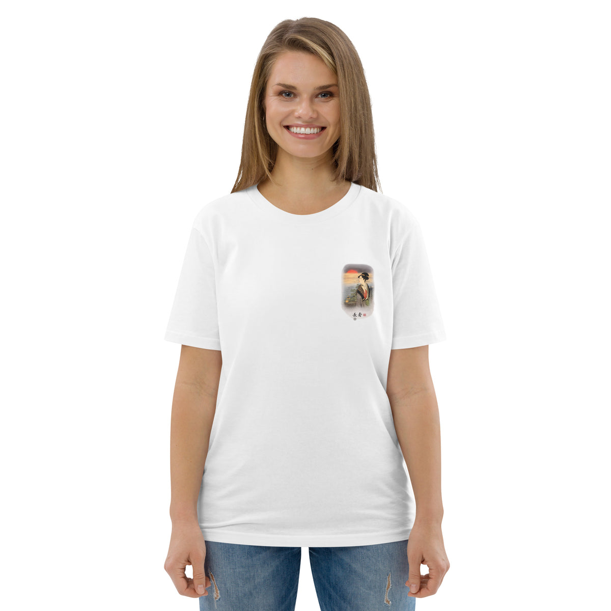 Edo Collection — Eternal Spring 長春 white tee, front view on model with the small chest print